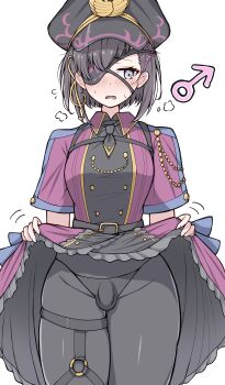 1boy absurdres azuki_(ne_4zk) black_hair black_hat black_panties breasts bulge clothes_lift commentary_request covered_penis dress dress_lift eyepatch fate/grand_order fate_(series) genderswap genderswap_(ftm) grey_eyes hair_over_one_eye hat highres mars_symbol mysterious_ranmaru_x_(fate) open_mouth panties pantyhose peaked_cap purple_dress short_hair short_sleeves simple_background solo trap underwear white_background