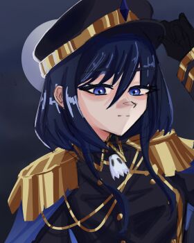 Rule 34 | 1girl, adjusting clothes, adjusting headwear, black gloves, black shirt, blue cape, blue eyes, blue hair, cape, epaulettes, gloves, hat, highres, jet (shadow slave), long sidelocks, looking at viewer, military uniform, moon behind head, shadow slave, shirt, sidelocks, solo, tessellatus, upper body