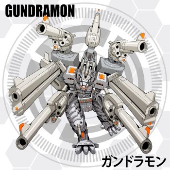 attack claws d_sandy digimon digimon_(creature) dragon glowing gun gundramon handgun highres looking_at_viewer machine mecha revolver robot running solo weapon
