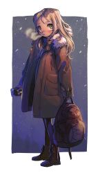 Rule 34 | 1girl, absurdres, backpack, bag, blonde hair, blush, boots, breath, cellphone, coat, full body, fur-trimmed coat, fur trim, green eyes, highres, long hair, looking at viewer, original, parted lips, phone, robomb, smartphone, snowing, solo, sweater, turtleneck, turtleneck sweater, winter clothes