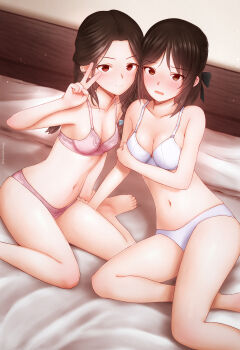 Rule 34 | 2girls, absurdres, artist name, bare shoulders, bow, bra, breasts, brown eyes, brown hair, commentary, hair bow, highres, implied yuri, indoors, looking at viewer, medium breasts, medium hair, multiple girls, on bed, original, panties, pink bra, pink panties, red eyes, sitting, stomach, tanatonkub, underwear, v, white bra, white panties