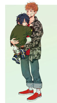 2boys :/ age_difference aged_down ankle_socks arisugawa_dice bandage_on_face bandages black_shirt blue_eyes blue_hair blue_shoes blush busujima_mason_rio camouflage camouflage_jacket carrying charm_(object) cheek_press child child_carry closed_eyes collarbone collared_shirt denim dice drooling fang full_body grey_background hair_over_one_eye high_tops highres hypnosis_mic jacket jeans layered_shirt leaf leaf_on_head long_sleeves looking_at_another male_focus multicolored_shoes multiple_boys nitada open_clothes open_jacket orange_hair oversized_clothes oversized_shirt pants pants_rolled_up red_shirt red_shoes shirt shoes short_hair short_sleeves sideburns sleeping sleeping_upright sleeves_past_wrists sneakers socks very_short_hair white_background white_pants white_socks