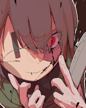 Rule 34 | 1other, absurdres, ambiguous gender, black background, brown hair, chara (undertale), commentary request, cracked kawaii mask, edkt2nd, green sweater, hands on own face, highres, holding, holding knife, knife, looking at viewer, mask, red eyes, smile, sweater, undertale, utdr (toby fox)