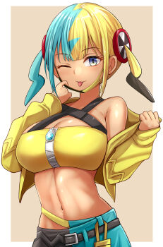 1girl aqua_hair bandeau black_mask blonde_hair blue_eyes blush breasts canari_(pokemon) cleavage commentary_request criss-cross_straps dark-skinned_female dark_skin highres jacket kitayama_miuki large_breasts long_sleeves looking_at_viewer mask mask_pull mega_stone mouth_mask multicolored_hair navel nintendo one_eye_closed pants pokemon pokemon_legends:_z-a short_twintails smile solo split-color_hair sports_bra tongue tongue_out twintails two-tone_hair two-tone_mask two-tone_pants yellow_bandeau yellow_jacket yellow_mask yellow_sports_bra