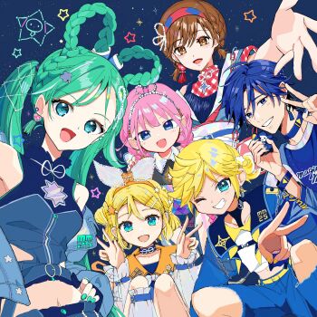 2boys 4girls absurdres aqua_eyes aqua_hair arms_up blonde_hair blue_choker blue_dress blue_eyes blue_hair blue_jacket blue_nails blue_shirt braid breasts brother_and_sister brown_eyes brown_hair choker commentary_request crop_top detached_sleeves dress earrings fingernails hair_between_eyes hair_ornament hand_on_own_hip hatsune_miku heart heart_earrings highres jacket jewelry kagamine_len kagamine_rin kaito_(vocaloid) kasaki_sakura light_blush long_hair long_sleeves looking_at_viewer magical_mirai_(vocaloid) magical_mirai_kaito magical_mirai_kaito_(2025) magical_mirai_len magical_mirai_len_(2025) magical_mirai_luka magical_mirai_luka_(2025) magical_mirai_meiko magical_mirai_meiko_(2025) magical_mirai_miku magical_mirai_miku_(2025) magical_mirai_rin magical_mirai_rin_(2025) medium_breasts megurine_luka meiko_(vocaloid) midriff multiple_boys multiple_girls nail_polish navel official_alternate_costume official_alternate_hairstyle open_mouth orange_sailor_collar pink_hair plaid_clothes plaid_shirt reaching reaching_towards_viewer sailor_collar see-through_clothes see-through_sleeves shirt short_sleeves siblings skirt sky small_stellated_dodecahedron smile star_(sky) star_(symbol) star_hair_ornament starry_sky stomach thighhighs twin_braids twintails very_long_hair vocaloid yellow_nails