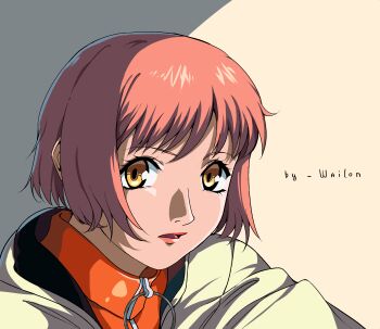 1girl absurdres highres jacket looking_at_viewer mezzo_forte open_mouth orange_shirt pink_hair pink_lips portrait retro_artstyle shadow shirt short_hair solo suzuki_mikura third-party_source wailon yellow_background yellow_eyes yellow_jacket zipper zipper_pull_tab