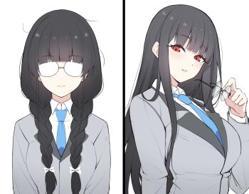 1girl absurdres before_and_after black_hair blazer blue_necktie blunt_bangs bow braid breasts closed_mouth collared_shirt facing_viewer glasses grey_jacket hair_bow hair_over_shoulder highres holding holding_removed_eyewear jacket lapels large_breasts light_blush long_hair looking_at_viewer low_twin_braids mole mole_under_eye multiple_views necktie opaque_glasses original parted_lips red_eyes reia_76 school_uniform shirt simple_background split_screen teeth twin_braids unkempt unworn_eyewear upper_body very_long_hair white_background white_bow white_shirt wing_collar