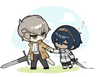 Rule 34 | 2boys, abi 07km, ascot, belt, black gloves, black pants, black shoes, blue hair, breath, closed eyes, cloud, coat, collared coat, commentary request, dark-skinned male, dark skin, double-parted bangs, frilled sleeves, frills, gloves, grass, grey hair, hair between eyes, hairband, holding, holding sword, holding weapon, horns, jitome, long sleeves, male focus, metal hairband, metaphor: refantazio, multiple boys, open clothes, open coat, outstretched arm, pants, patterned clothing, protagonist (metaphor: refantazio), shirt, shirt tucked in, shoes, short hair, sky, sleeping, standing, strohl (metaphor: refantazio), sweatdrop, sword, twitter username, weapon, white ascot, white background, white coat, white shirt, wing collar, yellow coat, zzz