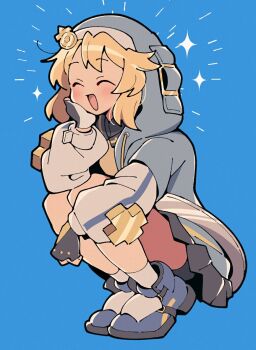 1boy androgyne_symbol black_gloves blonde_hair blue_background blue_jacket blue_shoes blush bridget_(guilty_gear) closed_eyes fingerless_gloves full_body gloves guilty_gear guilty_gear_strive head_rest hood hood_up hooded_jacket itsuka_neru jacket long_sleeves male_focus open_clothes open_jacket open_mouth shoes short_hair simple_background smile solo sparkle squatting trap