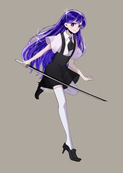 1girl absurdres artist_name black_shoes blush bright_pupils brown_background closed_mouth collared_shirt commentary_request full_body high_heels highres holding holding_sword holding_weapon houseki_no_kuni long_hair looking_at_viewer mari_(headspace)_(omori) mari_(omori) omori purple_eyes purple_hair rami_1300 shirt shoes shorts simple_background smile solo suspender_shorts suspenders sword thighhighs weapon white_pupils white_shirt white_thighhighs