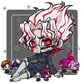 Rule 34 | 3girls, 4boys, acrobatic silky (dandadan), ayase momo, barefoot, bikini, black hair, black jacket, black nails, black pants, blush, border, brown hair, chibi, chibi only, colored skin, dandadan, dual persona, earrings, enjoji jin, evil eye (dandadan), facial mark, furrowed brow, gakuran, glasses, gold bikini, grey background, grey skin, hair between eyes, jacket, jewelry, ka ku 23, light frown, long hair, medium hair, multicolored hair, multiple boys, multiple girls, nail polish, orange hair, pants, pants rolled up, parted bangs, parted lips, pink hair, pink sweater, red eyes, red hair, ringed eyes, round eyewear, school uniform, shiratori aira (dandadan), short hair, sitting, smile, streaked hair, sweater, swimsuit, takakura ken (dandadan), takakura ken (transformed) (dandadan), teeth, third eye, toenail polish, toenails, wavy hair, white border, white hair