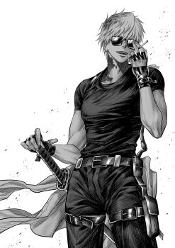 Rule 34 | 1boy, absurdres, adam's apple, belt, cigarette, clothes around waist, commentary request, covered pectorals, fingerless gloves, glove belt, gloves, greyscale, highres, hikaru ga shinda natsu, holding, holding cigarette, jacket, jacket around waist, katana, leg belt, male focus, monochrome, osirisaldington, pectorals, scar, scar on neck, shirt, shirt tucked in, short hair, simple background, solo, sunglasses, sword, tanaka (hikaru ga shinda natsu), teeth, toned, toned male, utility belt, weapon, white background