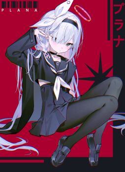 1girl black_choker black_coat black_eyes black_hairband black_sailor_collar black_serafuku blue_archive blush braid breasts choker coat colored_inner_hair fymrie hair_over_one_eye hairband halo heart heart_halo highres long_hair long_sleeves looking_at_viewer multicolored_hair neckerchief pantyhose pink_hair pink_halo plana_(blue_archive) red_halo red_pupils ribbon sailor_collar school_uniform serafuku single_braid skirt small_breasts solo white_hair white_neckerchief white_ribbon