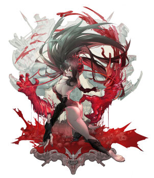 1girl absurdres arched_back barefoot black_dress black_gloves black_hair blood dress elbow_gloves fingerless_gloves floating_hair from_above from_behind full_body gloves green_eyes highres indie_virtual_youtuber layna_lazar long_hair looking_at_viewer looking_back open_mouth pile_of_skulls pointy_ears solo syringe_hair_ornament tanziya_(codlxcold) tombstone vampire virtual_youtuber