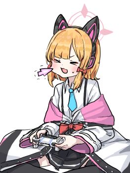 >_< 1girl :3 animal_ear_headphones animal_ears black_skirt black_thighhighs blonde_hair blue_archive blue_necktie blunt_bangs blush bow cat_ear_headphones cat_ears collared_shirt commentary_request controller cursor fake_animal_ears feet_out_of_frame game_controller gamepad hair_bow halo headphones highres holding holding_controller holding_game_controller indian_style jacket jacket_partially_removed korean_commentary long_sleeves medium_hair miniskirt momoi_(blue_archive) necktie open_mouth pink_halo pulled_by_cursor red_bow school_uniform shirt short_necktie sidelocks simple_background sitting skirt solo sweatdrop thighhighs uranium10 v-shaped_eyebrows white_background white_jacket white_shirt wide_sleeves zettai_ryouiki