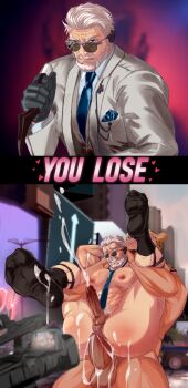 2boys absurdres anal arm_hair arms_behind_head ass ass_hair bara beard between_pectorals black_socks blue_necktie blurry blurry_background chest_hair clenched_teeth commentary_request connected_beard cum cum_on_ass cum_on_body cum_on_legwear cum_on_male ejaculating_while_penetrated ejaculation english_text erection facial_hair full_nelson garter_straps gloves hachikenoko_(weigham) handsfree_ejaculation highres holding holding_weapon instant_loss king_(tekken) large_pectorals legwear_garter male_focus male_penetrated male_pubic_hair mature_male multiple_boys muscular muscular_male necktie necktie_between_pectorals nipples old old_man pectorals penis perineum pubic_hair recording reverse_suspended_congress sex_from_behind short_hair socks sunglasses teeth tekken tekken_8 testicles upturned_eyes victor_chevalier weapon yaoi
