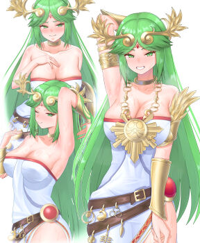 1girl absurdres armpits belt breasts brown_belt circlet cleavage collarbone dress forehead_jewel green_eyes green_hair grin highres jewelry kid_icarus large_breasts long_hair looking_at_viewer meipasuye multiple_views neck_ring necklace nintendo palutena simple_background smile strapless strapless_dress sweat very_long_hair white_background