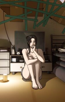 1girl bad_source barefoot breasts candle candlelight candlestand feet han_yena hug hugging_own_legs indoors jsw0430 knees_to_chest large_breasts legs_up mole mole_under_eye shadow shorts sidelocks sitting solo tank_top television the_end_has_come_(webtoon) white_tank_top