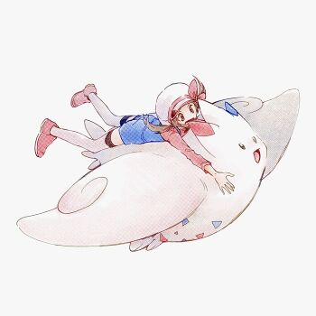 1girl :d blue_overalls bow brown_eyes brown_hair commentary gen_4_pokemon hat hat_bow highres long_sleeves lyra_(pokemon) newsboy_cap nintendo open_mouth overalls pokemon pokemon_(creature) pokemon_hgss red_bow red_shirt red_shoes riding riding_pokemon shirt shoes smile symbol-only_commentary tan_carbonnn thighhighs togekiss twintails white_background white_hat white_thighhighs