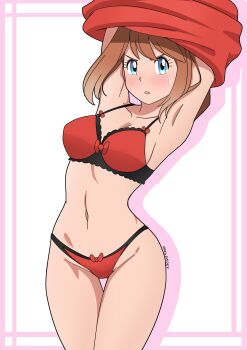 1girl absurdres alexkonakona armpits arms_up blue_eyes breasts brown_hair clothes_lift groin highres lifting_own_clothes looking_at_viewer may_(pokemon) medium_breasts navel nintendo pokemon pokemon_rse revision shirt_lift solo stomach sweatdrop thigh_gap thighs undressing v-shaped_eyebrows