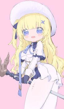 1girl absurdres between_legs blonde_hair blue_eyes blue_gloves blush deformed dress gloves hair_ornament hair_ribbon hat highres holding holding_staff kou_koufu long_hair open_mouth pantyhose phoebe_(wuthering_waves) pink_background ribbon staff white_dress white_hat white_pantyhose wuthering_waves x_hair_ornament