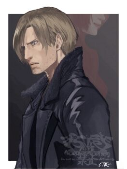 Rule 34 | 1boy, 1girl, 5tatsu, ada wong, artist name, beard stubble, black hair, black jacket, blonde hair, border, commentary request, dress, facial hair, fur-trimmed jacket, fur trim, furrowed brow, grey eyes, highres, jacket, leather, leather jacket, leon s. kennedy, male focus, parted bangs, red dress, resident evil, resident evil requiem, short hair, smile, stubble, upper body, white border