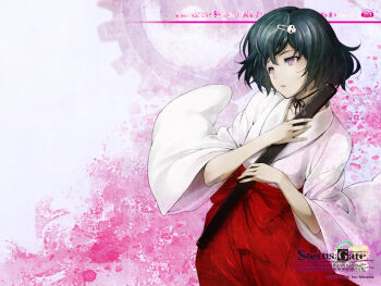 1boy :o black_hair bob_cut chihaya_(clothing) choker hair_ornament hairclip hakama hakama_skirt holding holding_stick huke japanese_clothes kosode miko official_art open_mouth pink_eyes red_hakama ribbon_choker ribbon_trim ringed_eyes science_adventure skirt skull_hair_ornament solo square_pupils steins;gate stick trap urushibara_luka wide_sleeves