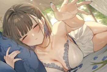 1girl absurdres bare_arms blue_nails blunt_bangs blush bra breasts brown_hair cleavage closed_mouth collarbone danimaru day earrings highres indoors jewelry large_breasts lingerie medium_hair necklace original pillow ring sidelocks skirt solo underwear variant_set wedding_ring white_bra white_skirt window