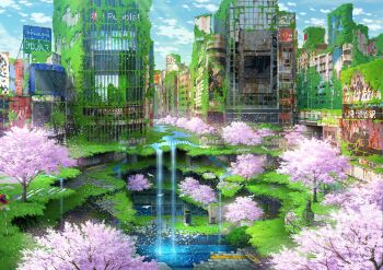 animal banner billboard bird broken_window cherry_blossoms city commentary_request crack crosswalk day fare_gate flood grass green_theme highres moss no_humans no_parking_sign original outdoors overgrown pillar post-apocalypse poster_(object) puddle railing real_world_location road road_sign ruins rust scenery shibuya_(tokyo) shibuya_scramble_crossing sign sky stairs statue subway sunlight tile_floor tiles tokyo_(city) tokyogenso traffic_light tree water waterfall