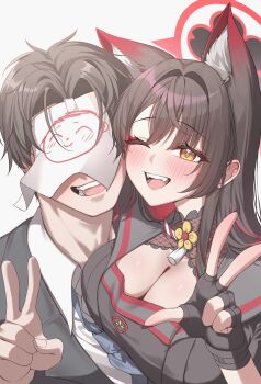 1boy 1girl absurdres animal_ear_fluff animal_ears black_gloves black_hair black_jacket black_kimono blue_archive blue_necktie blush breasts collared_shirt colored_inner_hair commentary_request doodle_sensei_(blue_archive) extra_ears fingerless_gloves fox_ears fox_girl gloves grey_sailor_collar gyu_chul halo highres jacket japanese_clothes kimono korean_commentary large_breasts long_hair multicolored_hair necktie one_eye_closed open_mouth red_hair red_halo sailor_collar sensei_(blue_archive) shirt short_hair two-tone_hair w wakamo_(blue_archive) white_shirt yellow_eyes