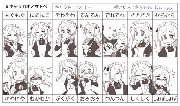 3girls anger_vein apron artist_request bloody_marie_(skullgirls) camera chart closed_eyes covering_own_mouth crying disgust double_(skullgirls) eating exposed_bone fingers_together greyscale hair_ornament happy hat heart japanese_text juliet_sleeves long_sleeves looking_down maid maid_headdress monochrome multiple_girls multiple_views musical_note nun peacock_(skullgirls) puffy_sleeves ribs sad skull_hair_ornament skullgirls smile tears top_hat translation_request twintails white_background white_hair wiping_tears worried