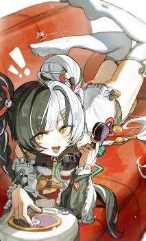 ! !! 1girl ahoge aqua_nails bare_shoulders black_hair blurry blurry_background blush braid braided_twintails china_dress chinese_clothes collarbone commentary_request corded_phone couch dated dialyn_(zenless_zone_zero) dress hair_extensions hair_ornament hairclip holding holding_phone long_hair looking_to_the_side lying multicolored_hair multicolored_nails necktie on_couch on_stomach open_mouth panda_hair_ornament phone red_nails ring_hair_extensions signature solo split-color_hair talking_on_phone thighhighs white_hair white_thighhighs wire yellow_eyes yellow_necktie yisjhui zenless_zone_zero