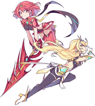 2girls aegis_sword_(xenoblade) almightychiru black_pantyhose blonde_hair boots breasts brown_gloves chest_jewel commentary core_crystal_(xenoblade) earrings elbow_gloves fingerless_gloves gem gloves green_gemstone highres holding holding_sword holding_weapon impossible_clothes jewelry long_hair looking_at_viewer medium_breasts multiple_girls mythra_(massive_melee)_(xenoblade) mythra_(xenoblade) nintendo pantyhose pyra_(xenoblade) red_boots red_eyes red_hair red_shorts shoes short_hair short_shorts shorts simple_background super_smash_bros. sword thigh_boots tiara two-handed weapon white_background white_gloves white_shoes xenoblade_chronicles_(series) xenoblade_chronicles_2 yellow_eyes