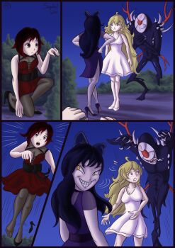 3girls blonde_hair breasts cleavage dress geist_(rwby) grimm_(rwby) grin high_heels multiple_girls possessed possession ruby_rose rwby sagabel skinsuit smile yang_xiao_long