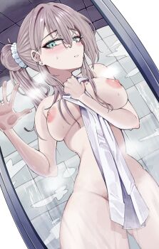 1girl ar-57_(girls'_frontline) arm_between_breasts between_breasts blue_eyes blush breasts brown_hair commentary_request completely_nude ear_piercing from_below girls'_frontline grin groin hair_between_eyes hair_bun hand_on_own_chest hands_up highres hip_focus holding holding_towel indoors kuzumotsu light_smile long_hair looking_at_viewer looking_down medium_breasts medium_hair mole mole_on_breast nipples nude piercing seductive_smile shower_(place) showering side_ponytail single_hair_bun smile solo standing thighs towel wet