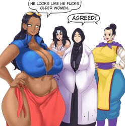 Rule 34 | 4girls, areola slip, black eyes, black hair, black kimono, bleach, braid, breasts, chi-chi (dragon ball), chinese clothes, cleavage, collarbone, covered nipples, curvy, dragon ball, earrings, forehead protector, front braid, hair between breasts, hand on own hip, huge breasts, ignotoz, japanese clothes, jewelry, kimono, large areolae, large breasts, long hair, mature female, multiple girls, naruto, naruto (series), navel, nico robin, ninja, nipples, no bra, one piece, open mouth, plump, puffy nipples, shinigami, simple background, smile, standing, stomach, sunglasses, talking, thick thighs, thighs, unohana retsu, wide hips, yuuhi kurenai