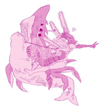 1girl 2boys apron barefoot beam_(chainsaw_man) bomb bomb_devil_(chainsaw_man) chainsaw chainsaw_man denji_(chainsaw_man) explosive full_body heart highres multiple_boys object_head pants pizza202020 reze_(chainsaw_man) riding shark sharp_teeth shoes teeth v white_background
