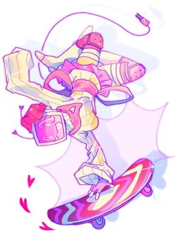 1girl :3 cable cable_tail crt fingerless_gloves forsaken_(roblox) gloves handstand hong_tanght knee_pads mechanical_tail object_head one_arm_handstand open_mouth pink_gloves pink_skirt pleated_skirt ribbed_sweater roblox simple_background skateboard skirt smile solo sweater tail veeronica_(forsaken) white_background white_sweater