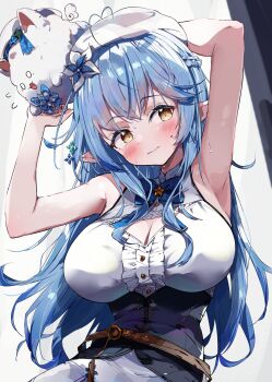 1girl absurdres arms_up beret black_corset blue_hair blue_shirt blue_streaks blush breasts center_frills cleavage cleavage_cutout closed_mouth clothing_cutout corset elf frills hat highres hololive kuno_(kc9s) large_breasts looking_at_viewer pointy_ears shirt solo virtual_youtuber white_hat yukihana_lamy yukihana_lamy_(1st_costume)