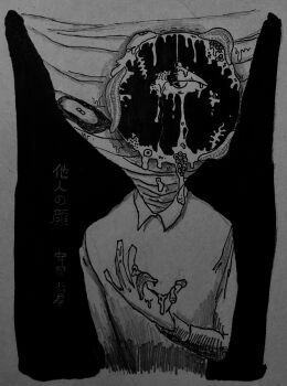 1boy bandaged_head bandages body_horror character_request collared_shirt covered_face graphite_(medium) greyscale hand_up hanging_light highres hole_in_head kipper_goodbreakfast leech long_sleeves male_focus monochrome roe shirt slime_(substance) solo symbolism tanin_no_kao traditional_media upper_body