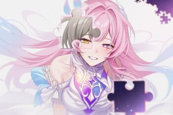 2girls armlet bare_shoulders blue_hair breasts commentary cyrene_(honkai:_star_rail) cyrene_(ripples_of_past_reverie)_(honkai:_star_rail) diamond-shaped_pupils diamond_(shape) dress gradient_hair grey_hair hair_intakes hashtag-only_commentary highres honkai:_star_rail honkai_(series) jewelry large_breasts long_hair looking_at_viewer multicolored_hair multiple_girls parted_lips pink_hair purple_eyes puzzle_piece smile solcha stelle_(honkai:_star_rail) symbol-shaped_pupils trailblazer_(honkai:_star_rail) upper_body white_background white_dress yellow_eyes