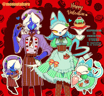 1boy 1girl ;d alternate_costume alternate_hairstyle apron aqua_nails blue_eyes blue_skin blue_tail border bow skirt_bow bowl bowtie brown_background brown_bow brown_bowtie brown_corset brown_necktie brown_pantyhose brown_skirt buttons candy cat_girl cherry chibi chibi_inset chocolate chocolate_heart closed_eyes club_(shape) colored_skin commentary_request corset cowboy_shot deltarune diamond_(shape) double-breasted dress electric_plug electric_plug_tail eyes_visible_through_hair fewer_digits film_grain food frilled_apron frilled_gloves frills fruit furry furry_female gloves green_apron green_bow green_bowtie green_dress green_headdress green_pantyhose hair_over_one_eye hand_on_own_hip happy_valentine hat hat_ornament headdress heart heart-shaped_food heart_tail holding holding_bowl holding_chocolate holding_food holding_pastry_bag holding_plate holding_whisk lace lace-trimmed_dress lace_trim leaf_hat_ornament long_hair low_ponytail medium_dress medium_skirt nail_polish necktie one_eye_closed open_mouth outline outside_border pantyhose pastry_bag plate polka_dot polka_dot_pantyhose ponytail puffy_short_sleeves puffy_sleeves purple_hat purple_shirt purple_skirt rayman_limbs red_border red_bow rouxls_kaard shirt short_sleeves simple_background skirt smile spade_(shape) sprinkles standing straight-on striped_bow striped_bowtie striped_clothes striped_dress striped_skirt taharu_(papiyas) tail tasque_manager teeth three-quarter_sleeves tongue twitter_username two-tone_bow two-tone_bowtie two-tone_dress two-tone_pantyhose two-tone_skirt u_u upper_teeth_only utdr_(toby_fox) vertical-striped_clothes vertical-striped_dress vertical-striped_skirt waist_apron watermark whisk white_dress white_gloves white_hair white_outline yellow_bow yellow_eyes