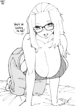 1girl absurdres all_fours bangs_pinned_back bare_shoulders bikini bikini_top_only breasts bright_pupils cleavage collarbone denim english_text folded_hair glasses greyscale hair_pulled_back highres huge_breasts inne_sulistya_robin jeans long_hair looking_at_viewer monochrome norman_maggot on_bed open_mouth original pants sideboob simple_background smile solo speech_bubble swimsuit white_background