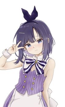 1girl absurdres apron arm_at_side arm_up blunt_bangs bow bow_hairband breasts breasts_apart buttons child closed_mouth commentary contrapposto cowboy_shot detached_collar dot_nose double-breasted frown fuiba_fuyu gochuumon_wa_usagi_desu_ka? hair_between_eyes hairband highres light_blush looking_at_viewer nakayoshi!_maru!_nakayoshi! pinstripe_pattern pinstripe_skirt pinstripe_vest purple_eyes purple_hair purple_hairband purple_skirt purple_theme purple_vest simple_background skirt small_breasts solo striped_clothes striped_skirt striped_vest suzume_tsumugi v vertical-striped_clothes vertical-striped_skirt vertical-striped_vest vest white_apron white_background white_bow white_wrist_cuffs wrist_cuffs