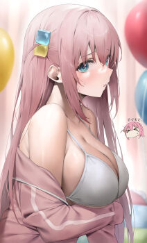 1girl absurdres arm_under_breasts balloon bare_shoulders bikini bikini_top_only bikini_under_clothes blue_eyes blurry blurry_background bocchi_the_rock! breasts cleavage commentary_request cube_hair_ornament from_side gotoh_hitori hair_intakes hair_ornament hibimaru highres jacket large_breasts long_hair long_sleeves looking_at_viewer off_shoulder one_side_up open_clothes open_jacket parted_lips pink_jacket raised_eyebrows revision sidelocks sleeves_past_fingers sleeves_past_wrists solo strap_gap string_bikini sweatdrop swimsuit upper_body white_bikini