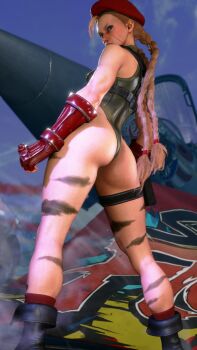 1girl 3d antenna_hair ass ass_focus bare_shoulders blonde_hair blue_eyes braid breasts cammy_white gloves green_leotard hat highleg highleg_leotard highres huge_ass leotard lips long_hair looking_back low_angle medium_breasts red_hat ryona screencap shiny_clothes solo standing street_fighter street_fighter_6 thighs third-party_edit thong_leotard twin_braids very_long_hair wide_hips