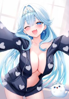 absurdres blue_eyes blue_gemstone blue_hair blush breasts cleavage collarbone commentary commission copyright_request earrings fang gem hair_intakes heart heart_print highres jewelry large_breasts long_hair looking_at_viewer navel one_eye_closed open_clothes open_mouth outstretched_arms skeb_commission spread_arms stomach sweat symbol-only_commentary thighs unzipped virtual_youtuber wavy_hair yu_lei