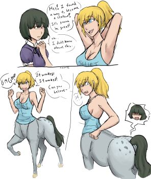 1girl 2girls artist_name ass black_hair blonde_hair blue_eyes breasts centaur cleavage highres monster_girl multiple_girls ponytail tank_top taur transformation what xxxx52