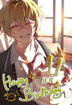 1boy birthday_cake bishounen black_suit blonde_hair cake candle closed_eyes coconut_2611 collared_shirt dated english_text food formal_clothes happy_birthday highres holding limbus_company looking_at_viewer male_focus necktie project_moon red_necktie shirt short_hair sinclair_(project_moon) smile solo suit suspenders upper_body white_shirt