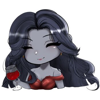 Rule 34 | 1girl, breasts, chibi, chibi only, cleavage, closed eyes, colored skin, cup, curtained hair, dress, drinking glass, euriohh, facing viewer, grey hair, grey skin, highres, holding, holding cup, long hair, red dress, seishan, shadow slave, single off shoulder, smile, solo, upper body, wine glass